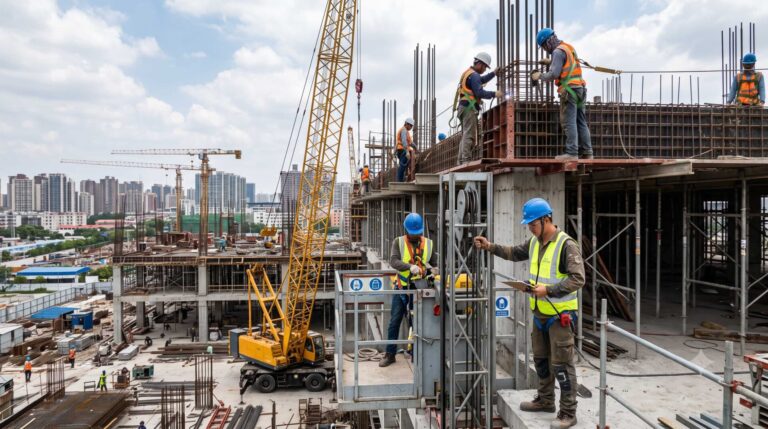 בודק מוסמך במהלך בדיקות מתקני הרמה באתר הבנייה